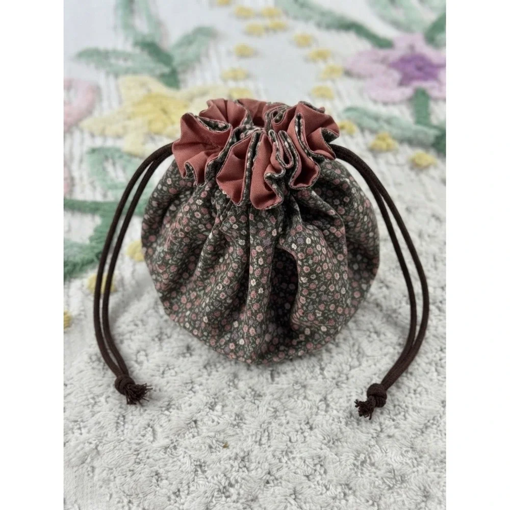 Handmade Floral Drawstring Pouch Jewelry Bag Mauve Ruffle Small Travel Organizer